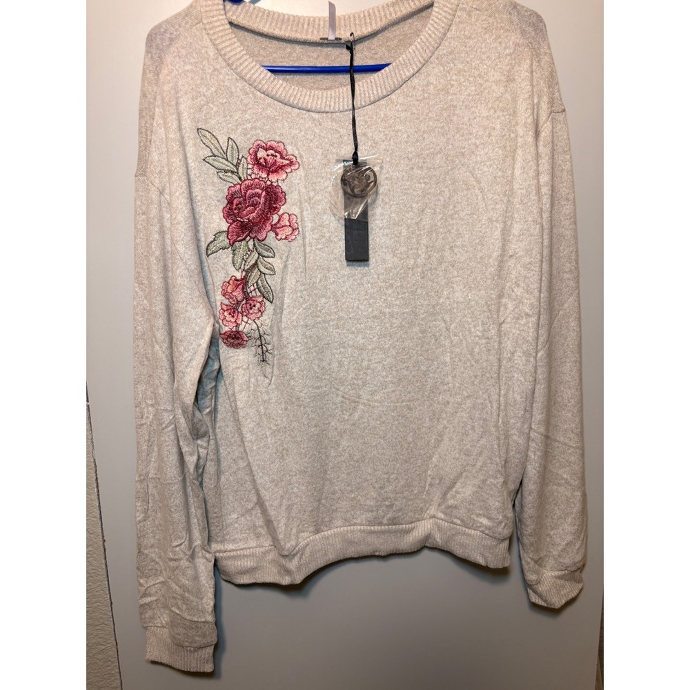 Poof Apparel Womens Floral Embroidered Crewneck Sweater Beige Pink Rose Large